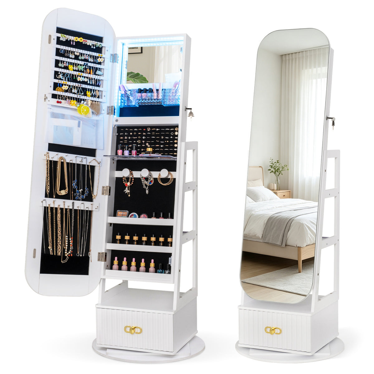 Swivel Jewelry Cabinet with Full-Length Mirror and LED Lights and Storage Shelves-White-Jewelry Armoires-DECOROLALA