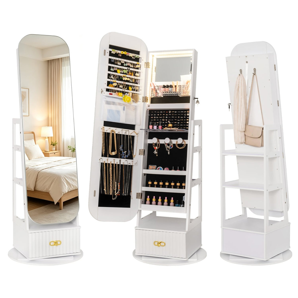 Swivel Jewelry Cabinet with Full-Length Mirror and LED Lights and Storage Shelves-White-Jewelry Armoires-DECOROLALA