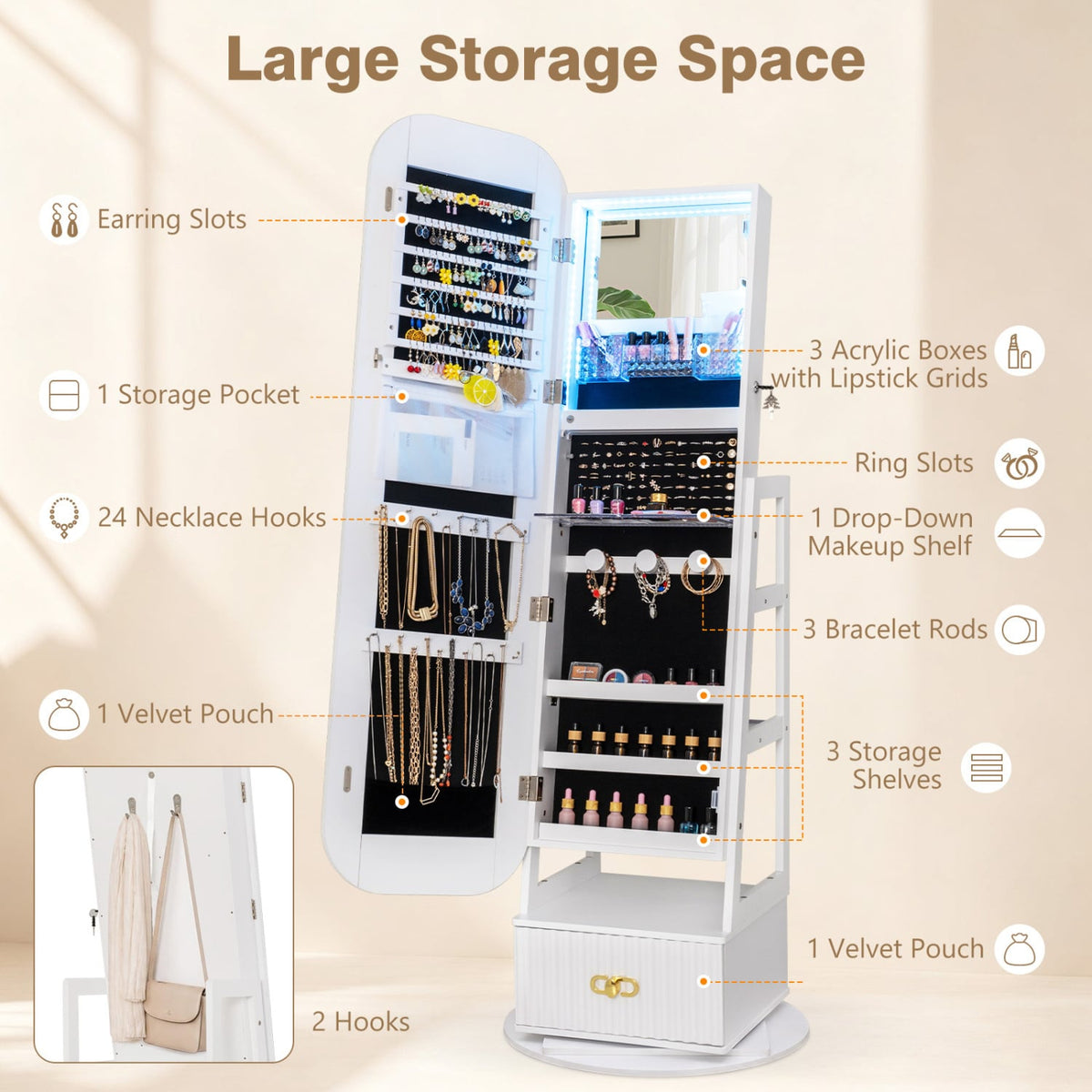 Swivel Jewelry Cabinet with Full-Length Mirror and LED Lights and Storage Shelves-White-Jewelry Armoires-DECOROLALA