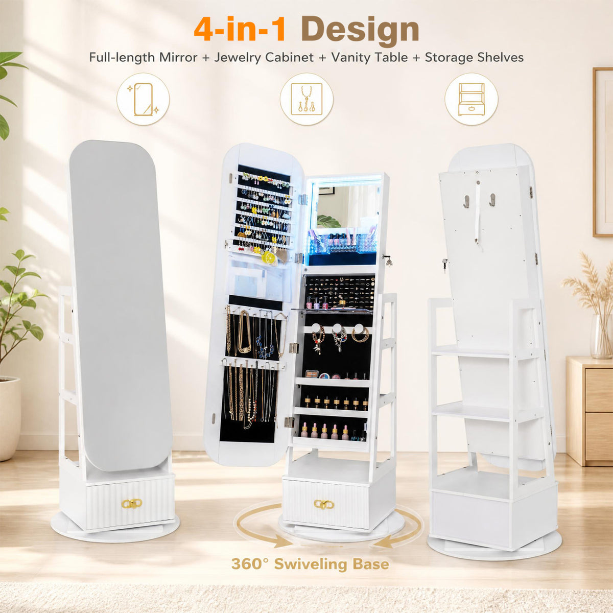 Swivel Jewelry Cabinet with Full-Length Mirror and LED Lights and Storage Shelves-White-Jewelry Armoires-DECOROLALA