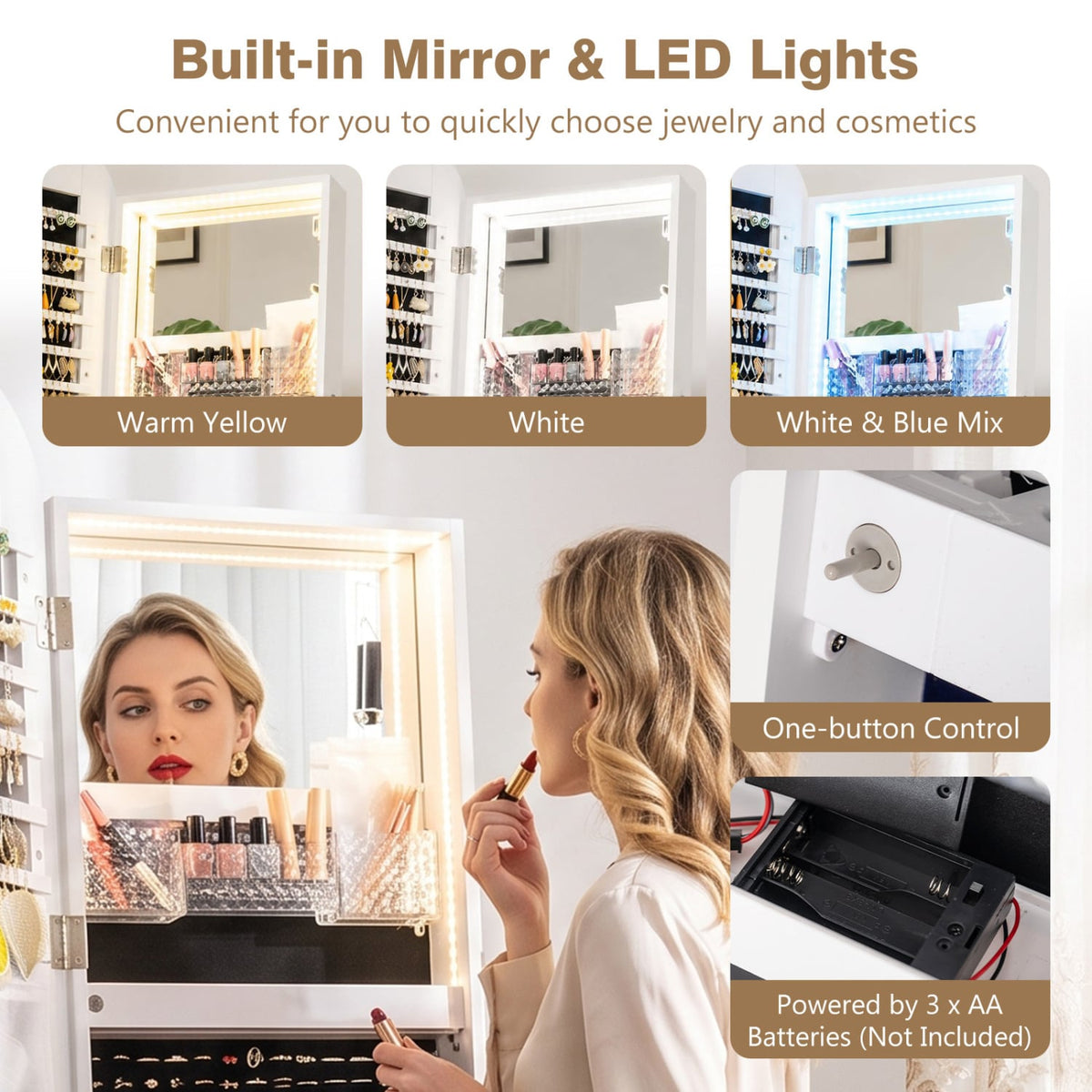 Swivel Jewelry Cabinet with Full-Length Mirror and LED Lights and Storage Shelves-White-Jewelry Armoires-DECOROLALA