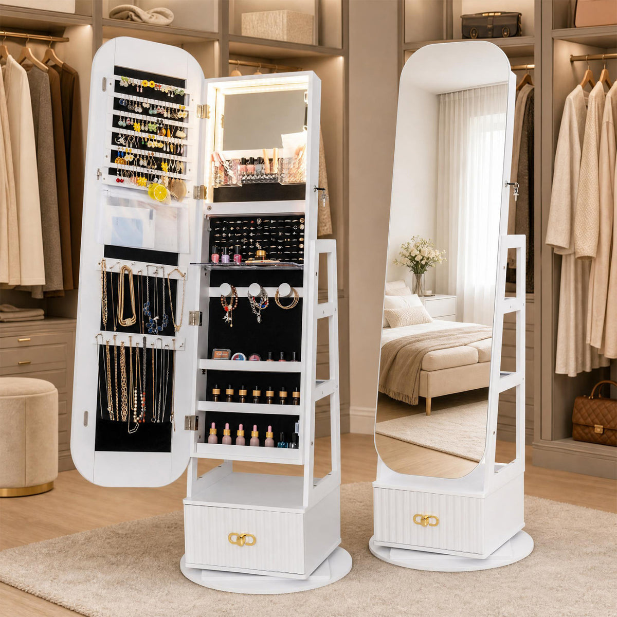 Swivel Jewelry Cabinet with Full-Length Mirror and LED Lights and Storage Shelves-White-Jewelry Armoires-DECOROLALA