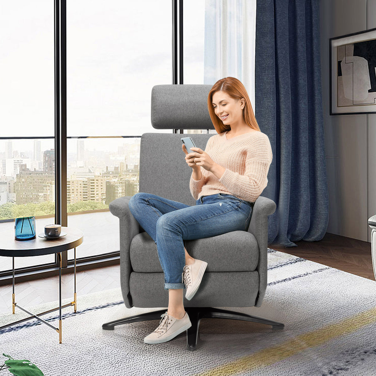 Swivel Massage Recliner Single Sofa with Adjustable Headrest-Gray-Recliners-DECOROLALA