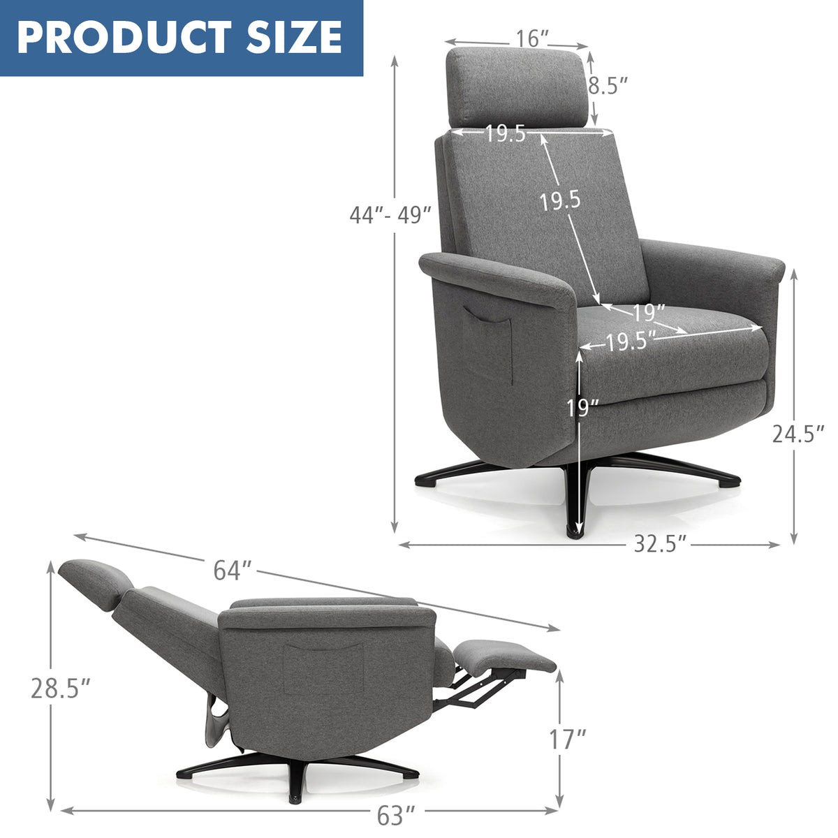 Swivel Massage Recliner Single Sofa with Adjustable Headrest-Gray-Recliners-DECOROLALA
