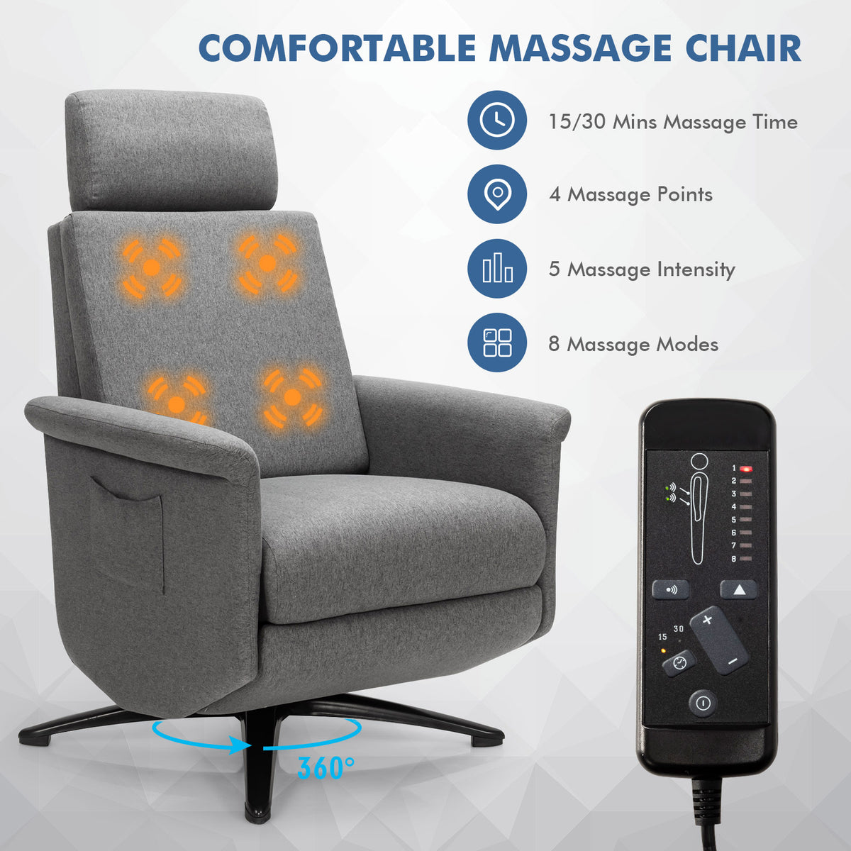 Swivel Massage Recliner Single Sofa with Adjustable Headrest-Gray-Recliners-DECOROLALA