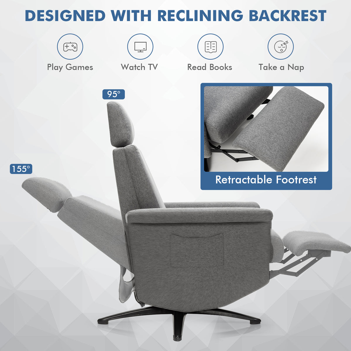 Swivel Massage Recliner Single Sofa with Adjustable Headrest-Gray-Recliners-DECOROLALA