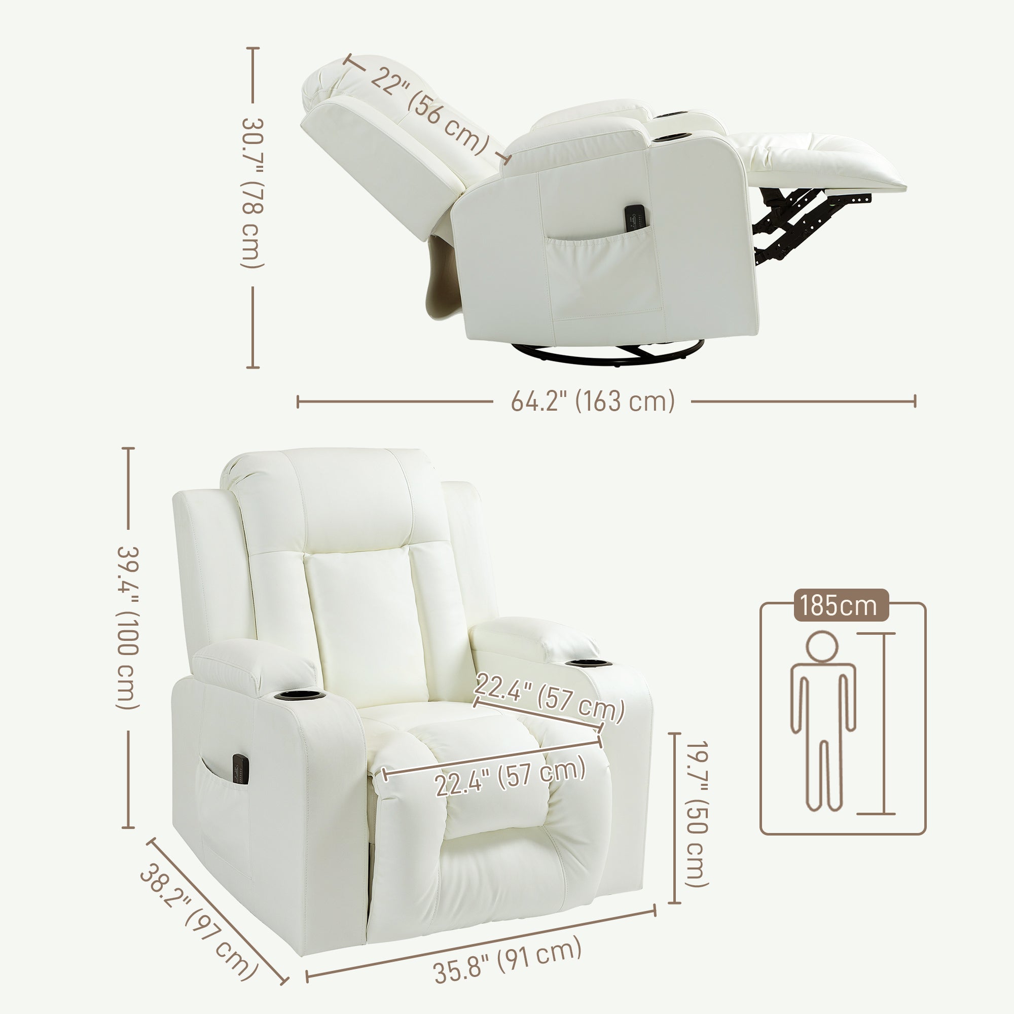 Swivel Massage Recliner Sofa, PU Leather, Cream White, 8 Massage Modes, Reclining-DECOROLALA