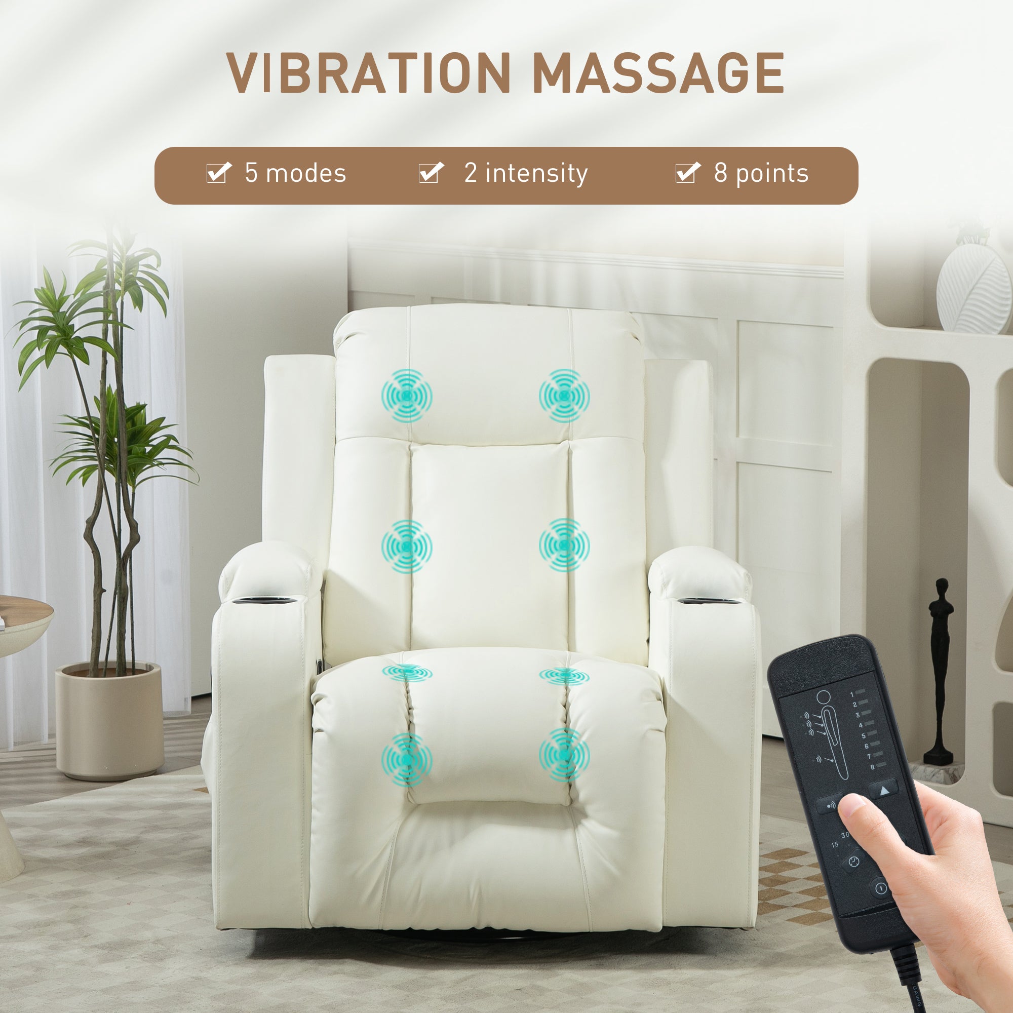 Swivel Massage Recliner Sofa, PU Leather, Cream White, 8 Massage Modes, Reclining-DECOROLALA