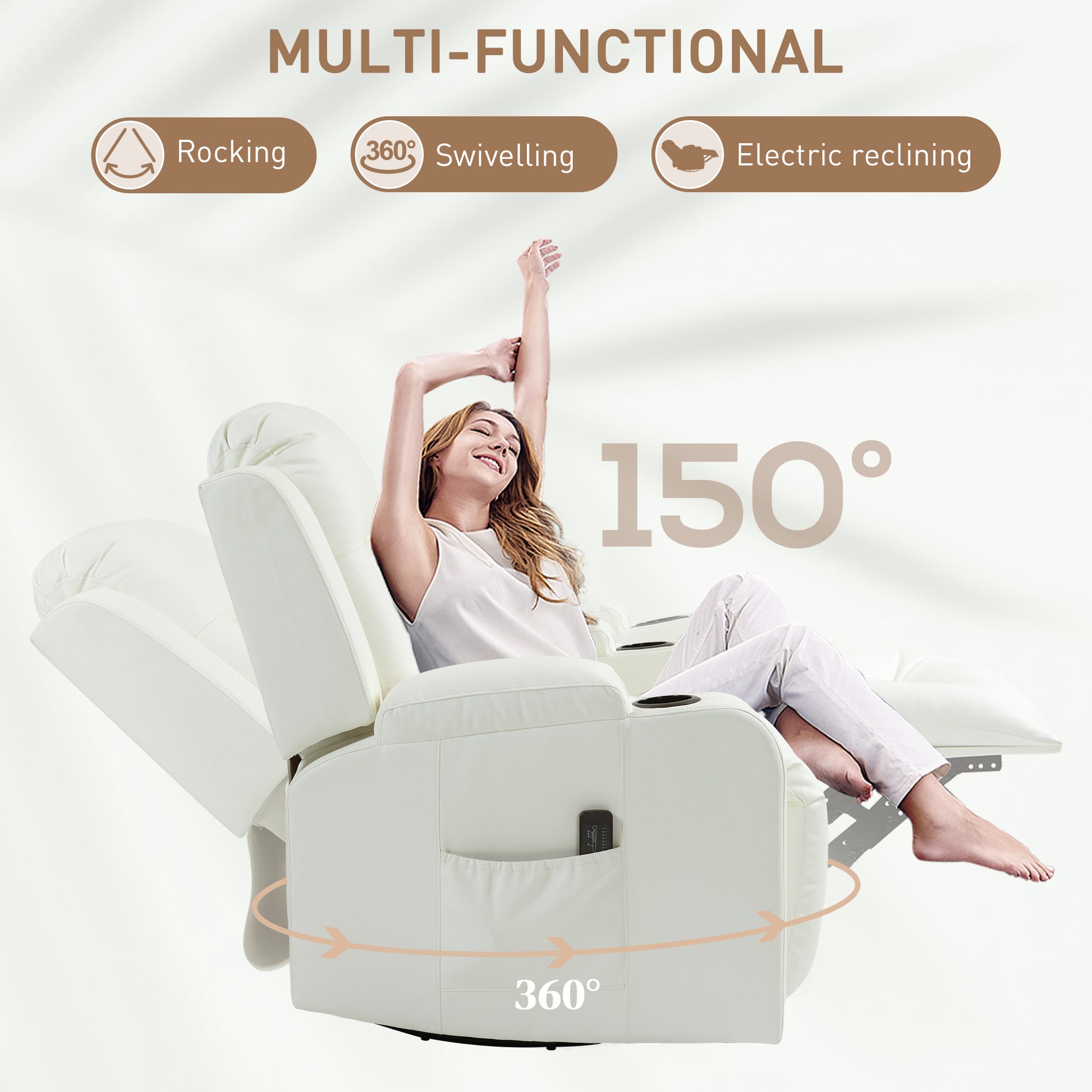 Swivel Massage Recliner Sofa, PU Leather, Cream White, 8 Massage Modes, Reclining-DECOROLALA