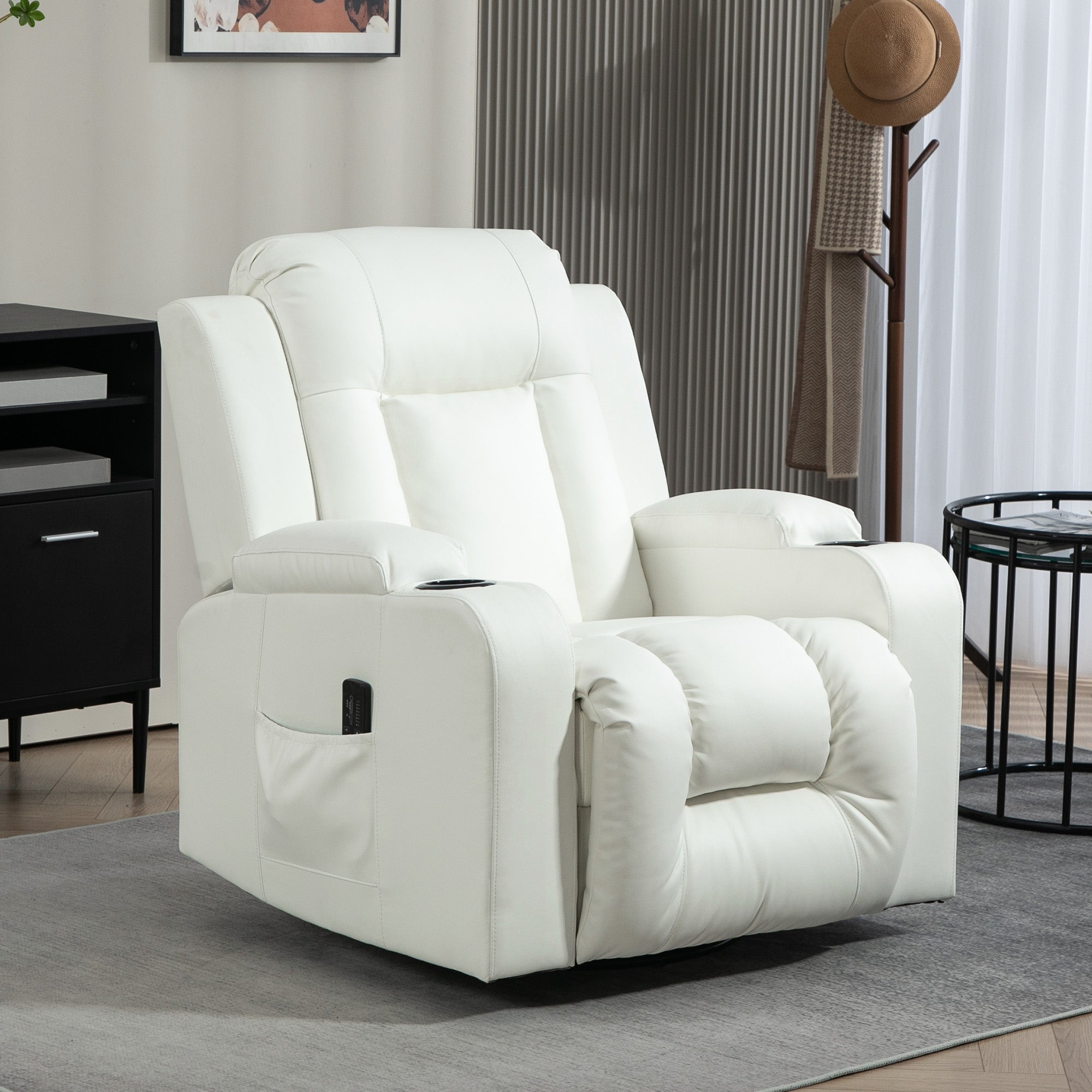 Swivel Massage Recliner Sofa, PU Leather, Cream White, 8 Massage Modes, Reclining-DECOROLALA