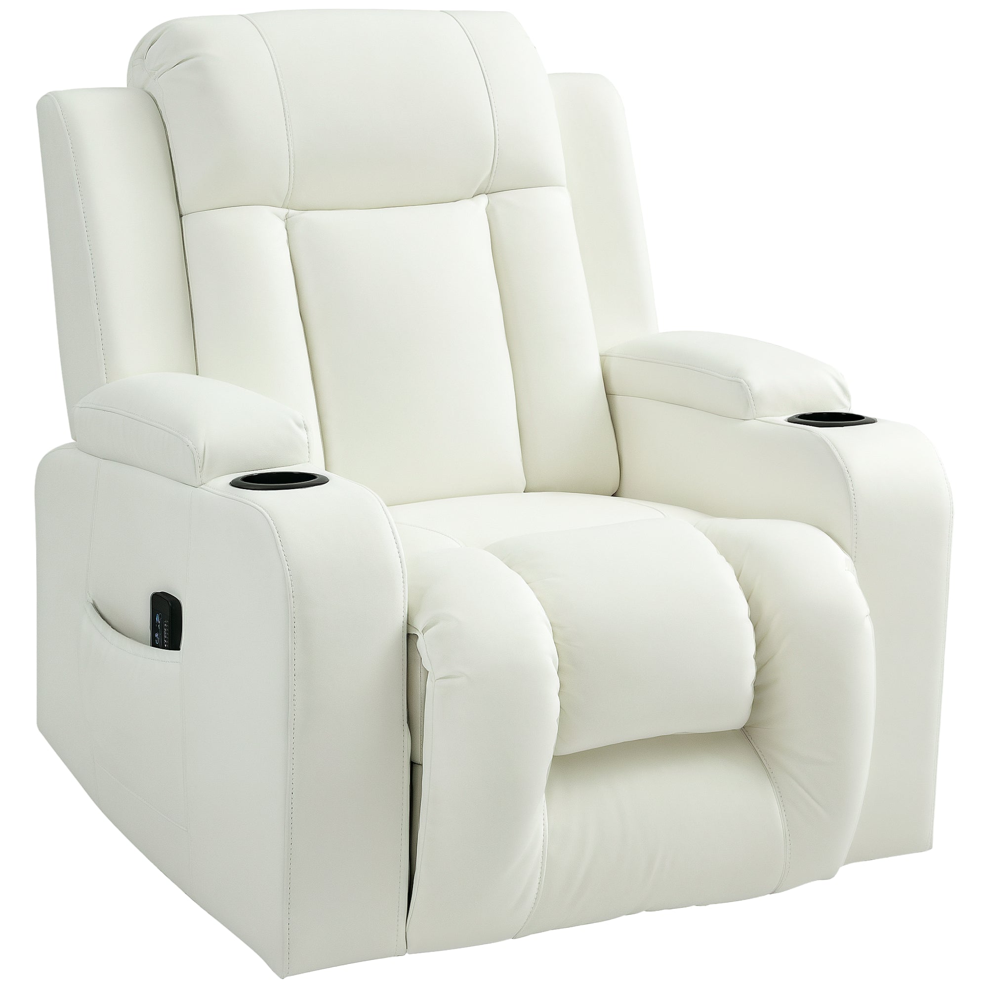Swivel Massage Recliner Sofa, PU Leather, Cream White, 8 Massage Modes, Reclining-DECOROLALA