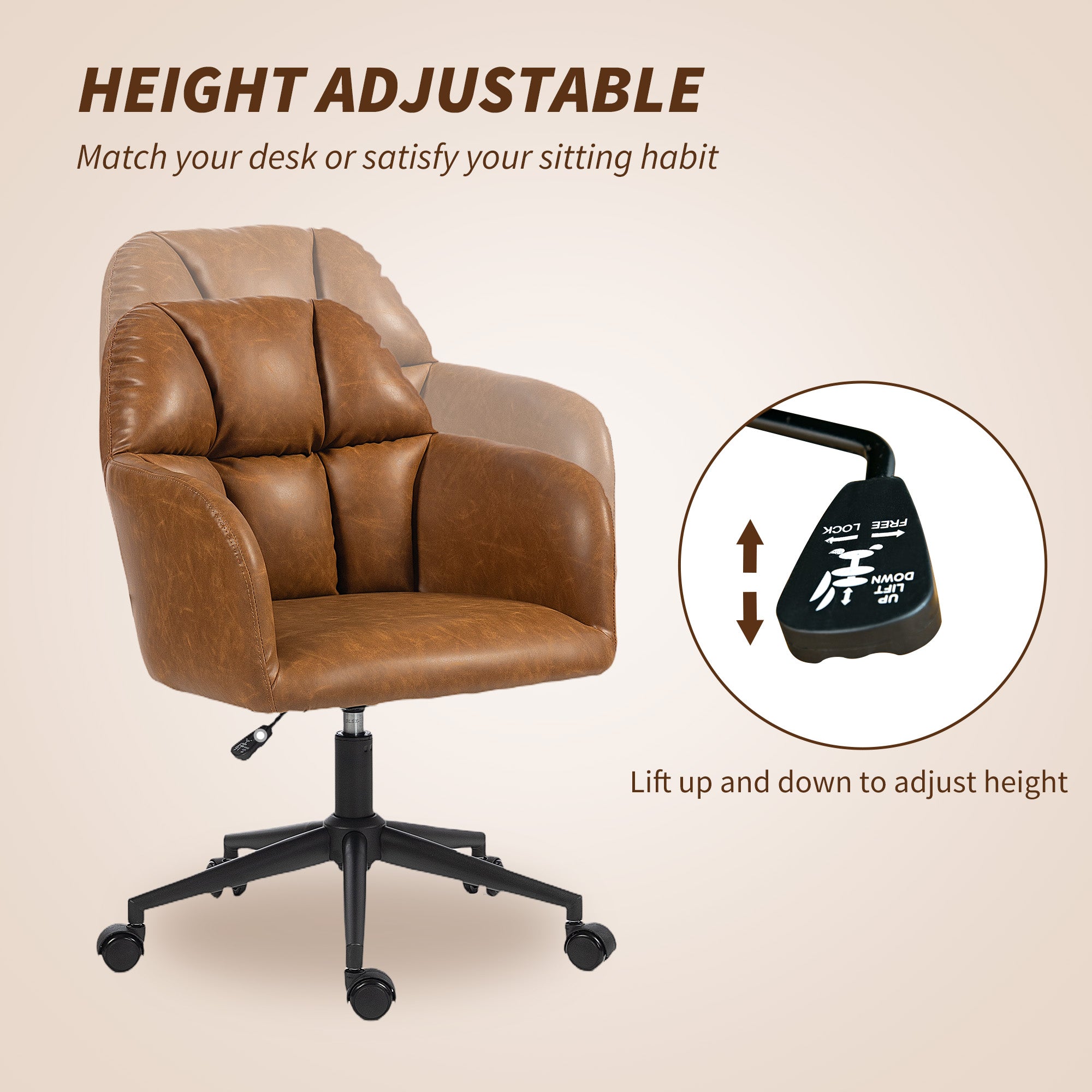 Swivel Office Chair - Brown Faux Leather Adjustable Desk Chair-Office Products > Office Furniture > Office Chairs > Task Chairs-DECOROLALA