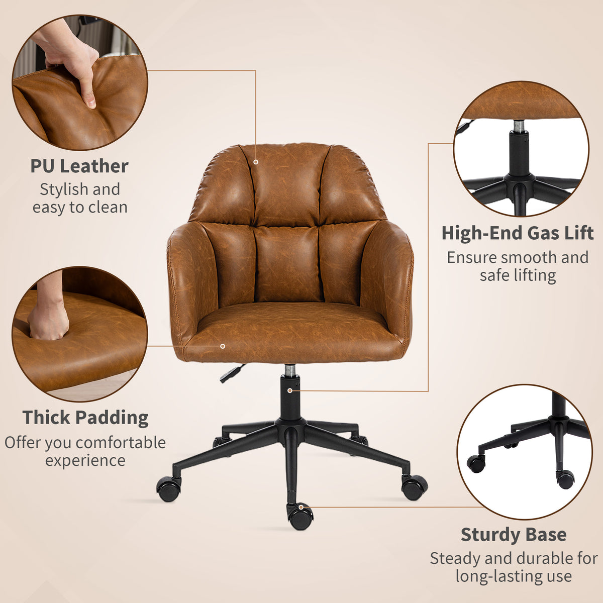 Swivel Office Chair - Brown Faux Leather Adjustable Desk Chair-Office Products > Office Furniture > Office Chairs > Task Chairs-DECOROLALA