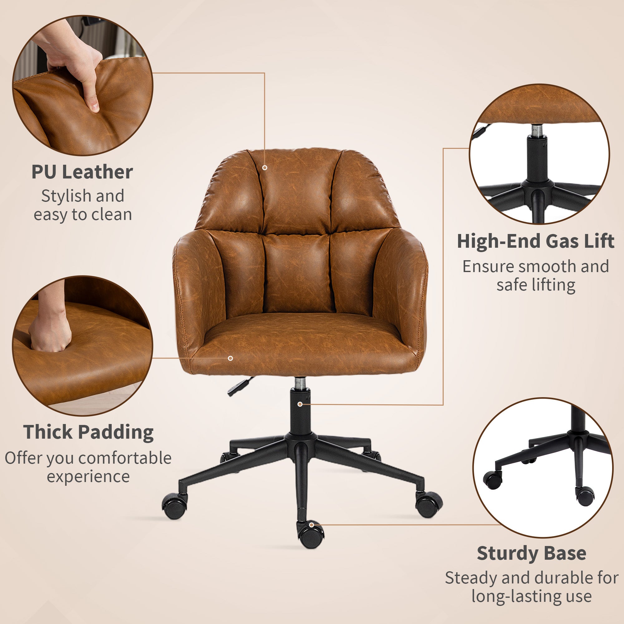 Swivel Office Chair - Brown Faux Leather Adjustable Desk Chair-Office Products > Office Furniture > Office Chairs > Task Chairs-DECOROLALA
