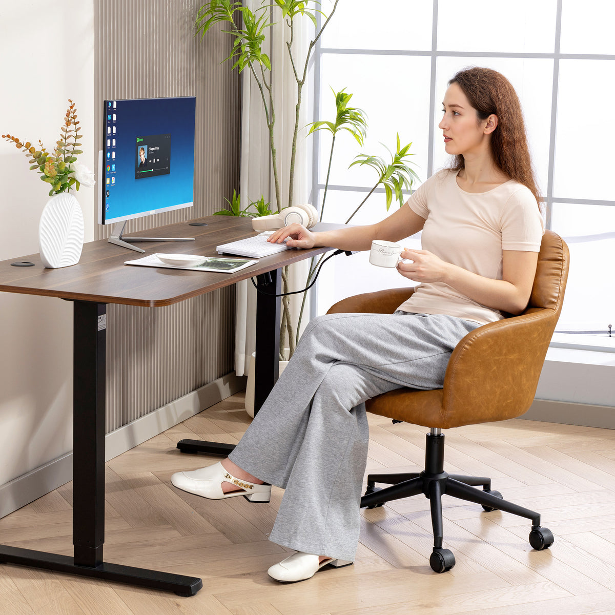 Swivel Office Chair - Brown Faux Leather Adjustable Desk Chair-Office Products > Office Furniture > Office Chairs > Task Chairs-DECOROLALA