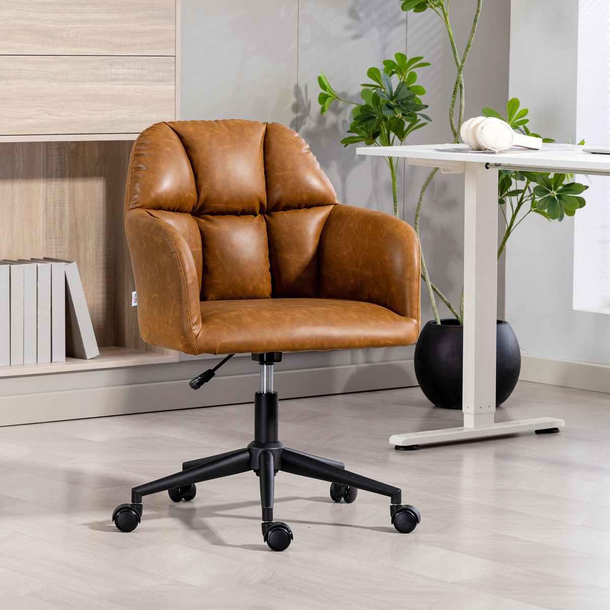 Swivel Office Chair - Brown Faux Leather Adjustable Desk Chair-Office Products > Office Furniture > Office Chairs > Task Chairs-DECOROLALA