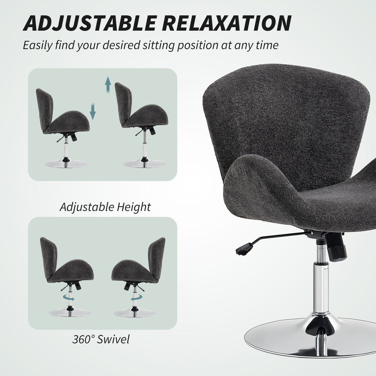 Swivel Office Chair - Dark Grey Velvet Wide Bucket Seat-Task Chairs-DECOROLALA