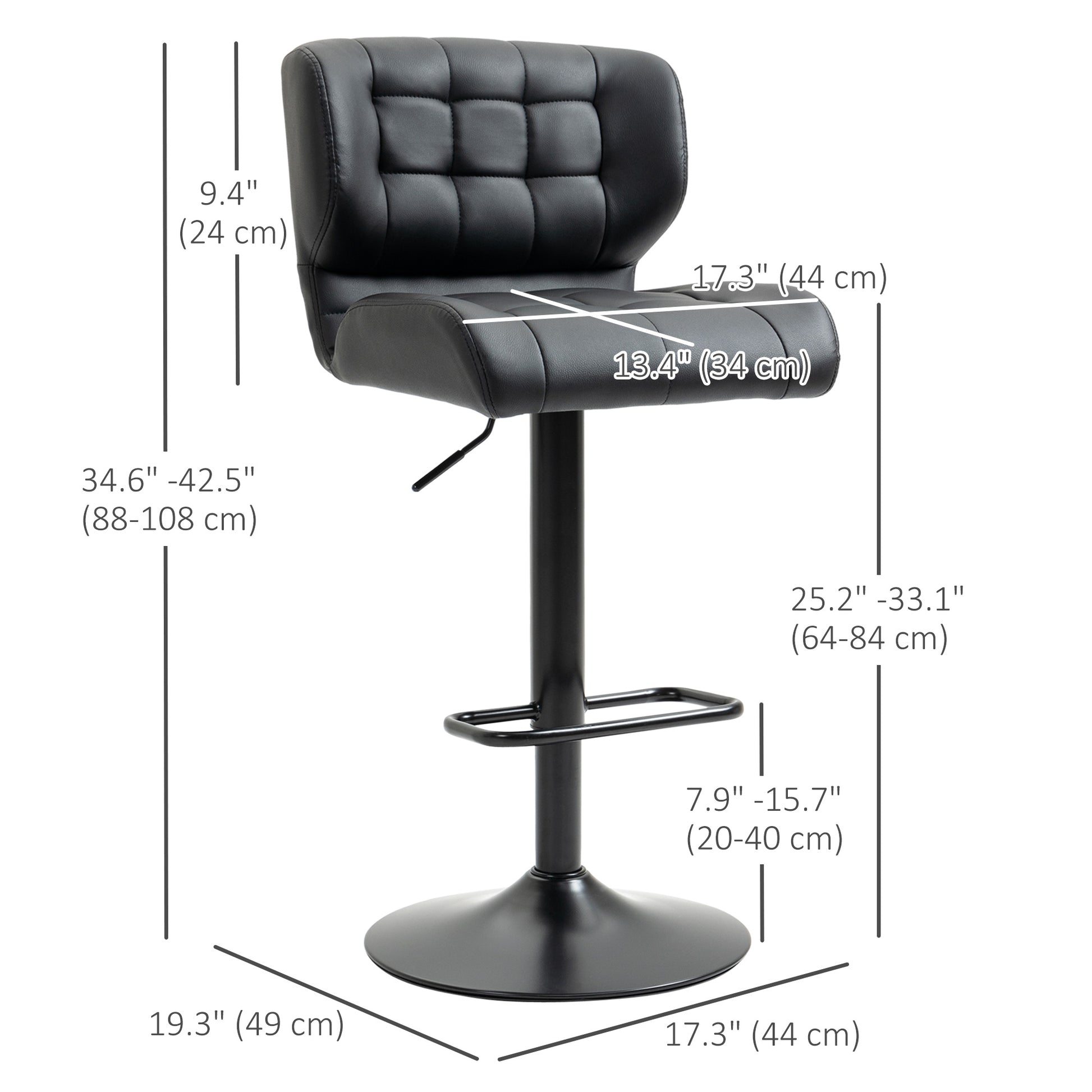 Swivel PU Leather Bar Stools - Set of 2 Adjustable Black-DECOROLALA