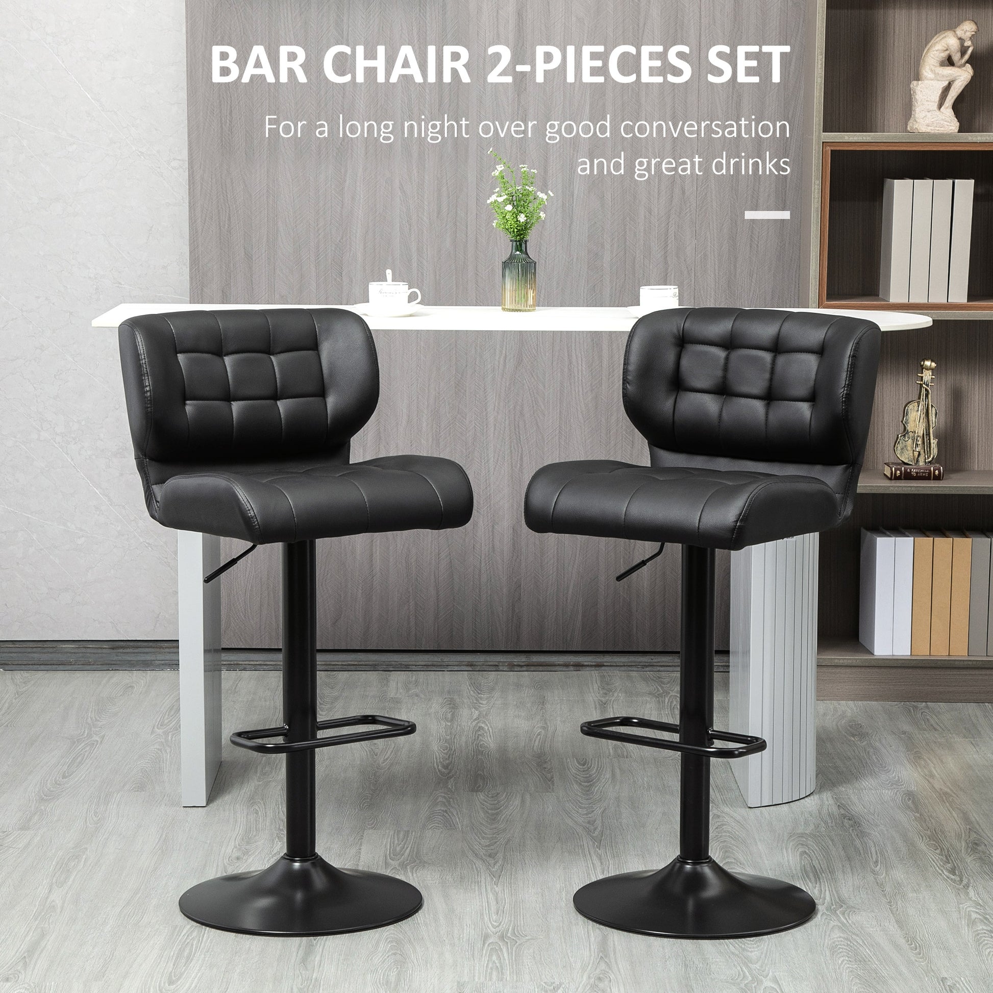 Swivel PU Leather Bar Stools - Set of 2 Adjustable Black-DECOROLALA