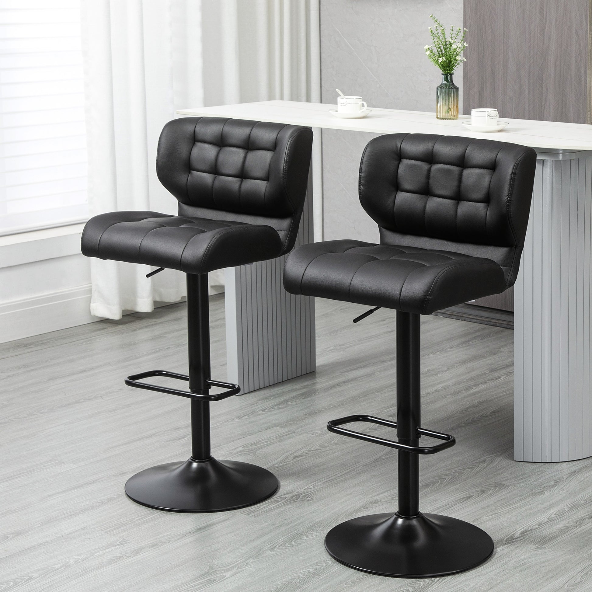 Swivel PU Leather Bar Stools - Set of 2 Adjustable Black-DECOROLALA