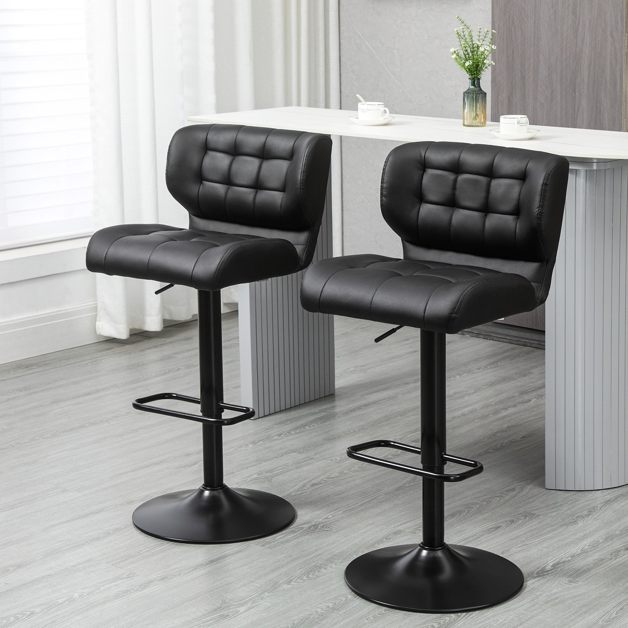 Swivel PU Leather Bar Stools - Set of 2 Adjustable Black-DECOROLALA