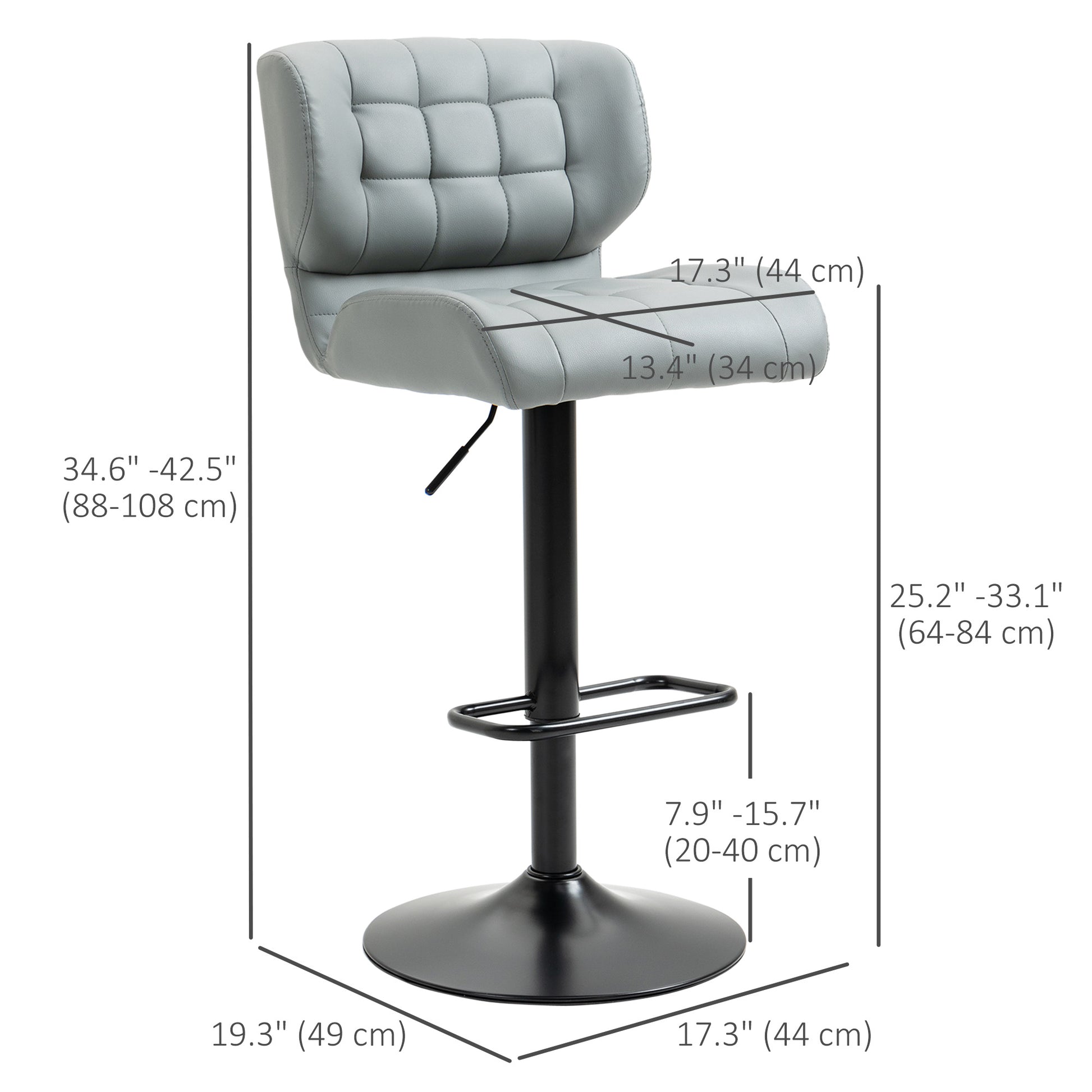 Swivel PU Leather Barstools Set of 2 Adjustable Bar Stools with Footrest Back for Kitchen Counter Dining Room Grey-Home Furnishings > Kitchen & Dining Furniture > Bar Stools-DECOROLALA