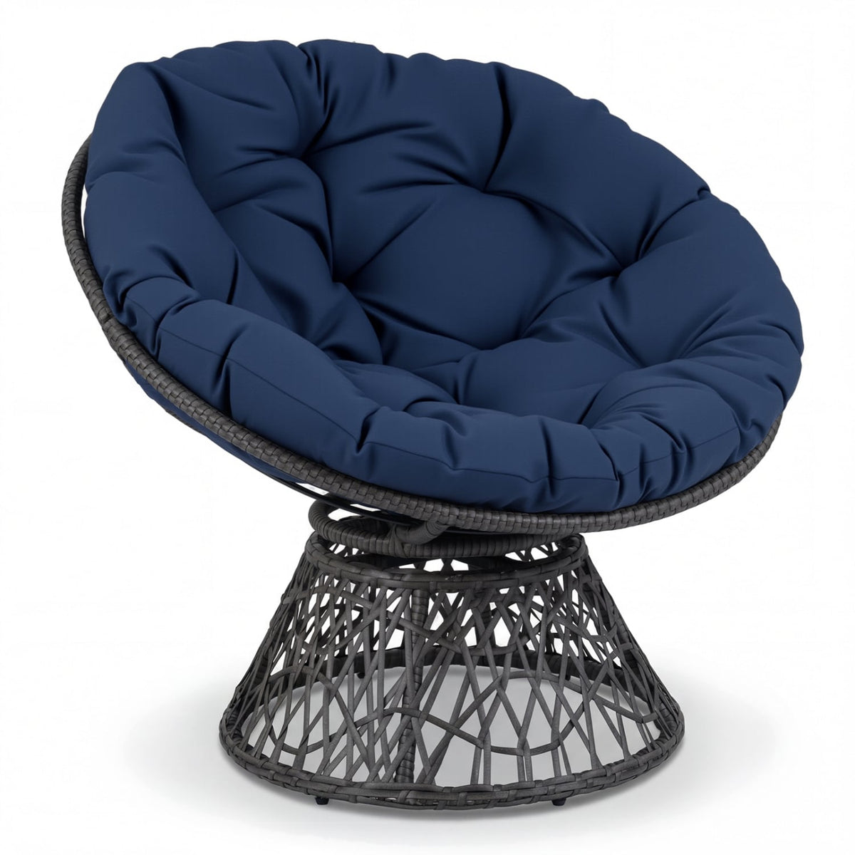 Swivel Papasan Chair Round Wicker Lounge Chair with Thick Cushion-Navy-Accent Chairs-DECOROLALA