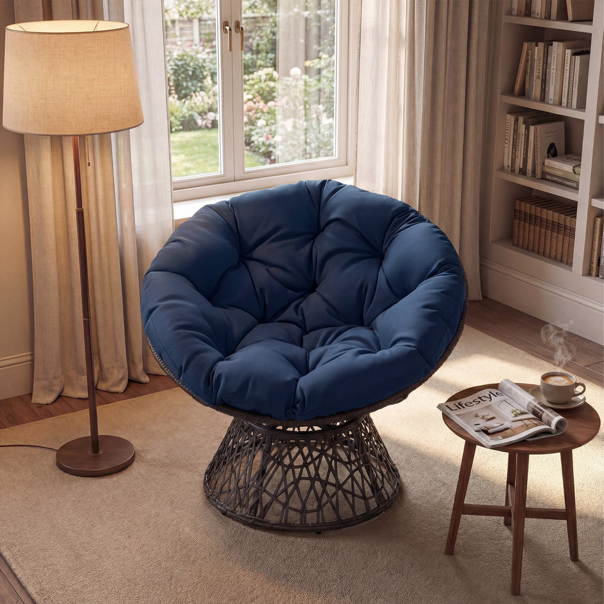 Swivel Papasan Chair Round Wicker Lounge Chair with Thick Cushion-Navy-Accent Chairs-DECOROLALA