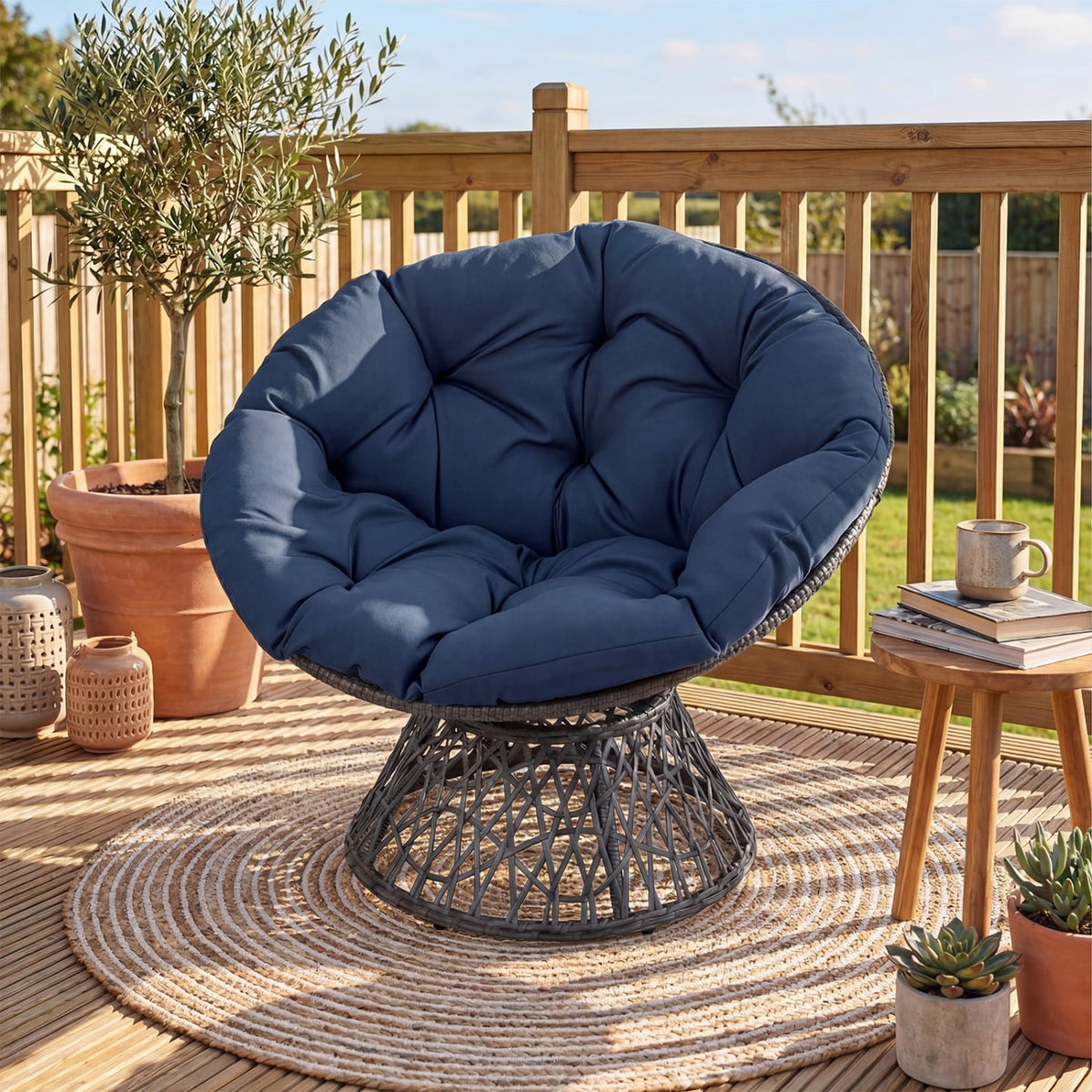 Swivel Papasan Chair Round Wicker Lounge Chair with Thick Cushion-Navy-Accent Chairs-DECOROLALA