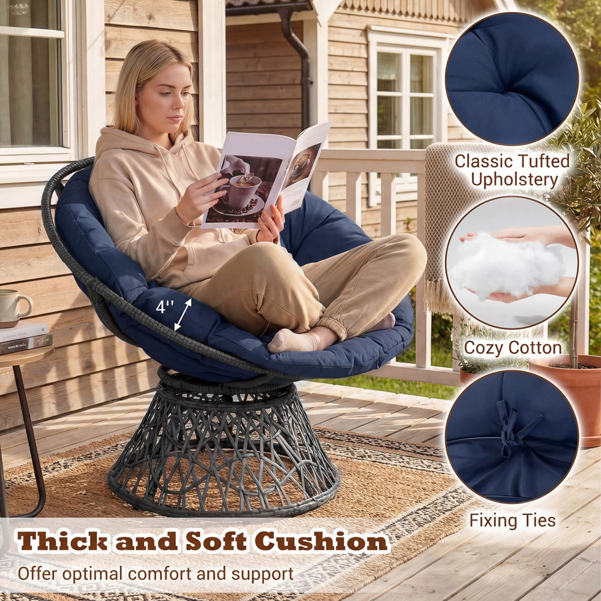 Swivel Papasan Chair Round Wicker Lounge Chair with Thick Cushion-Navy-Accent Chairs-DECOROLALA