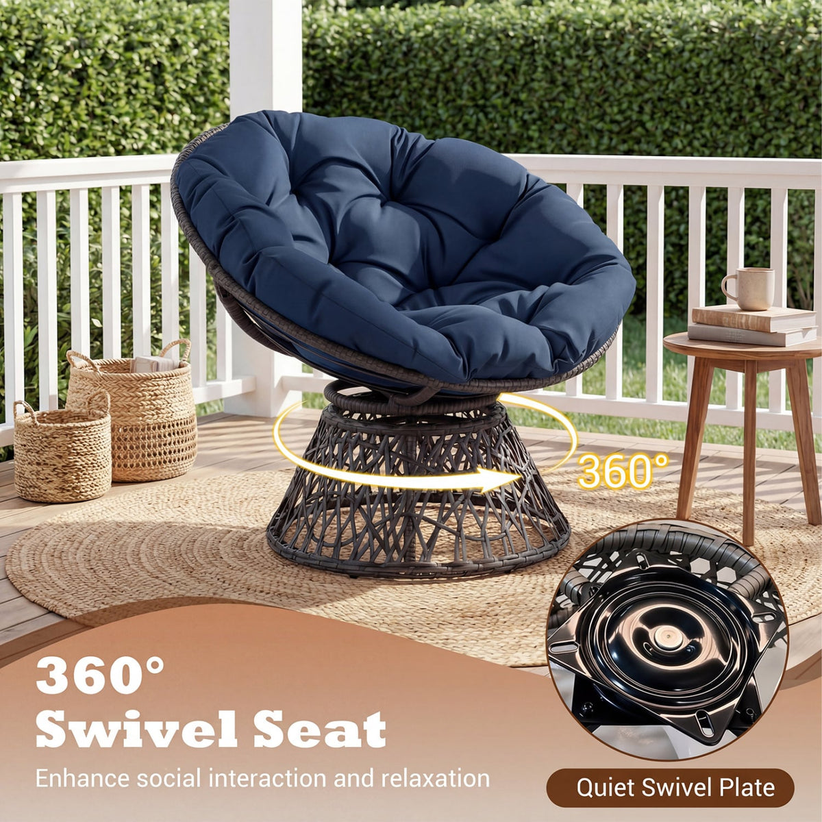 Swivel Papasan Chair Round Wicker Lounge Chair with Thick Cushion-Navy-Accent Chairs-DECOROLALA