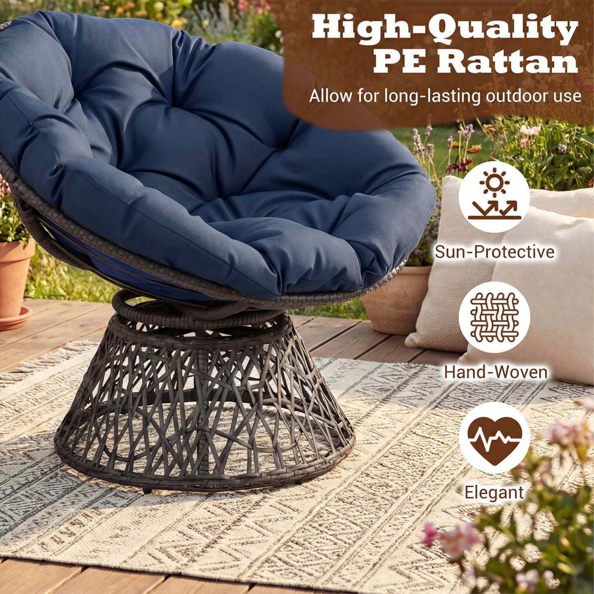 Swivel Papasan Chair Round Wicker Lounge Chair with Thick Cushion-Navy-Accent Chairs-DECOROLALA