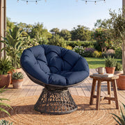 Swivel Papasan Chair Round Wicker Lounge Chair with Thick Cushion-Navy-Accent Chairs-DECOROLALA