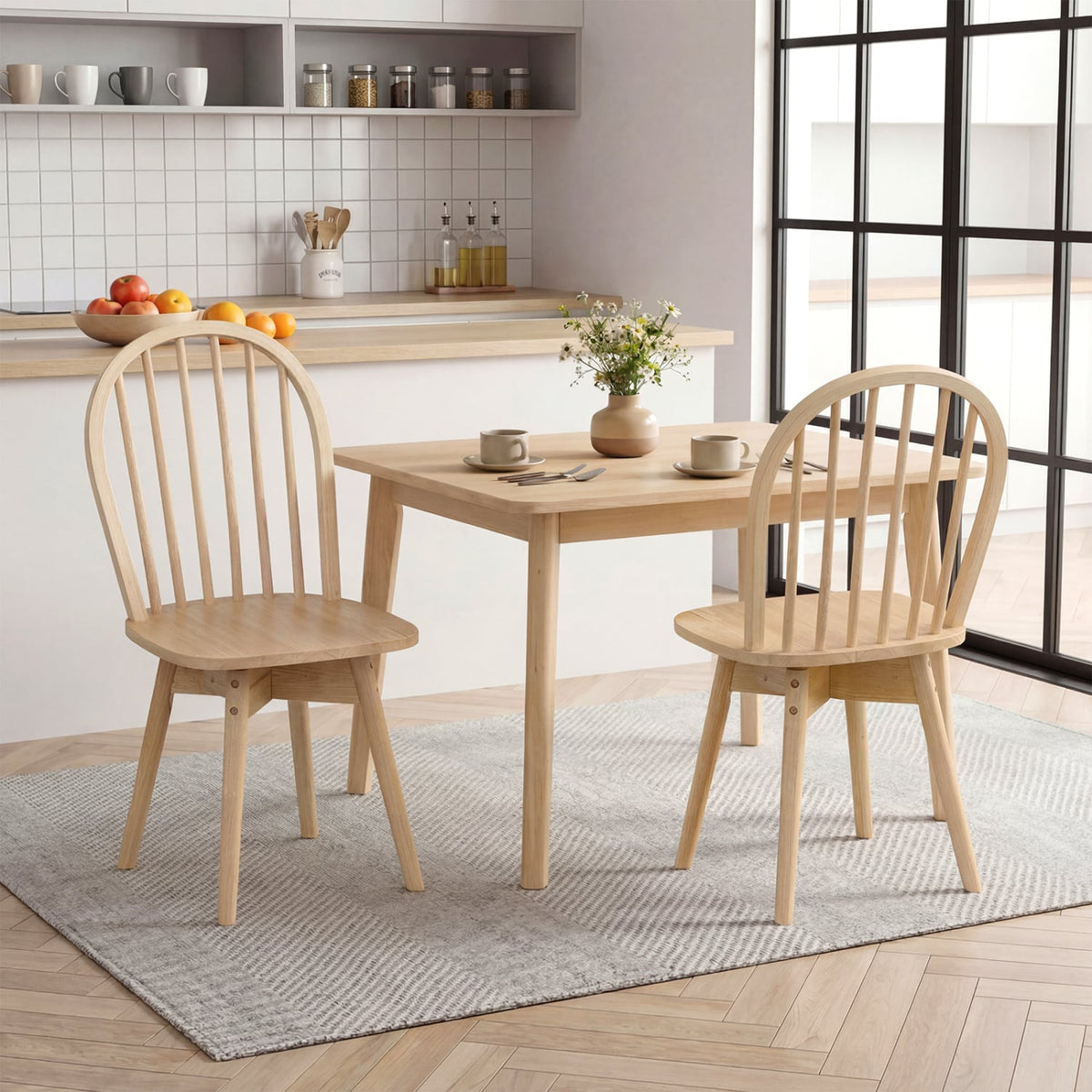 Swivel Windsor Dining Chairs Set of 2 with Solid Rubber Wood Frame-Natural-Dining Chairs-DECOROLALA