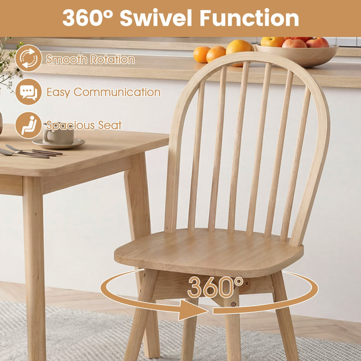 Swivel Windsor Dining Chairs Set of 2 with Solid Rubber Wood Frame-Natural-Dining Chairs-DECOROLALA