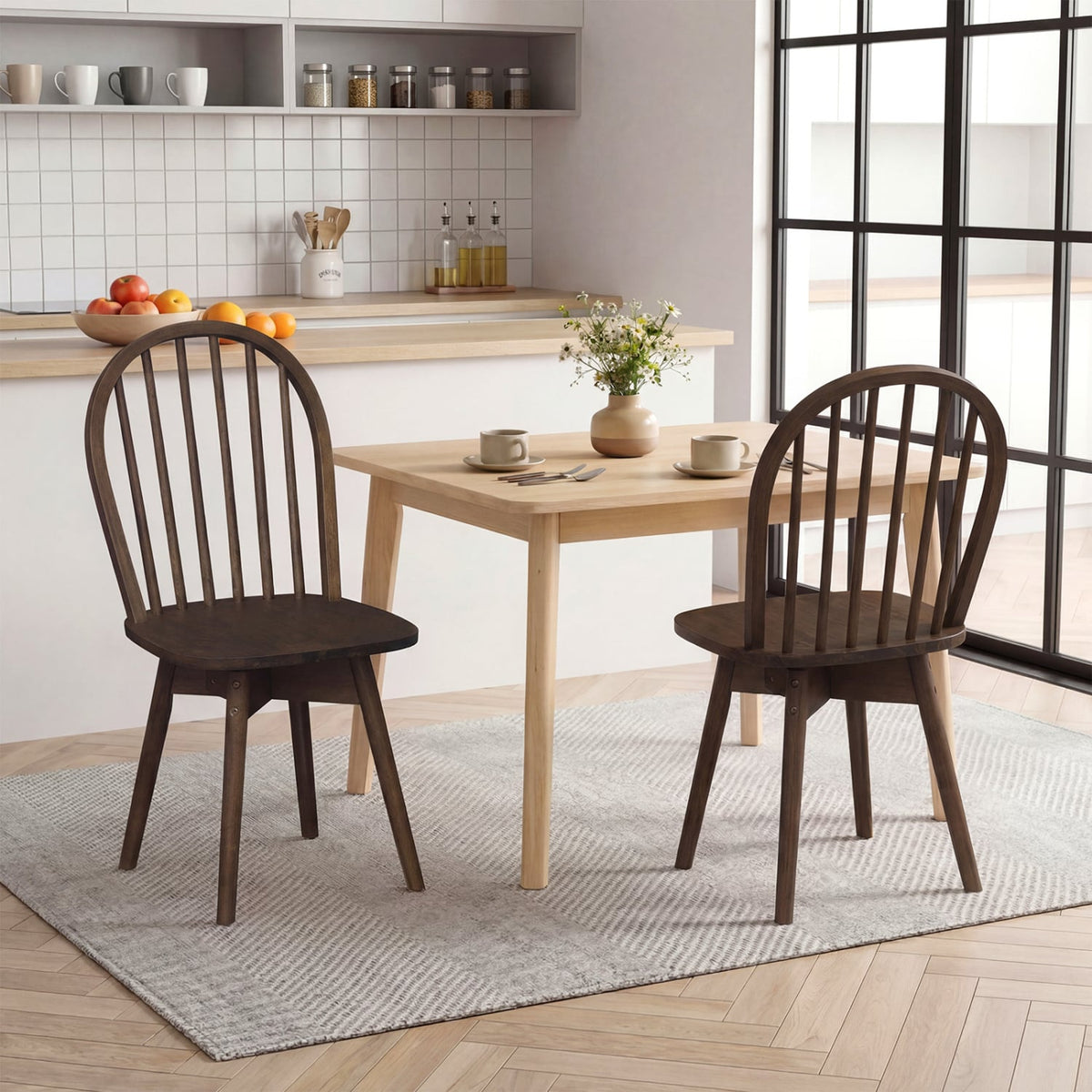 Swivel Windsor Dining Chairs Set of 2 with Solid Rubber Wood Frame-Walnut-Dining Chairs-DECOROLALA