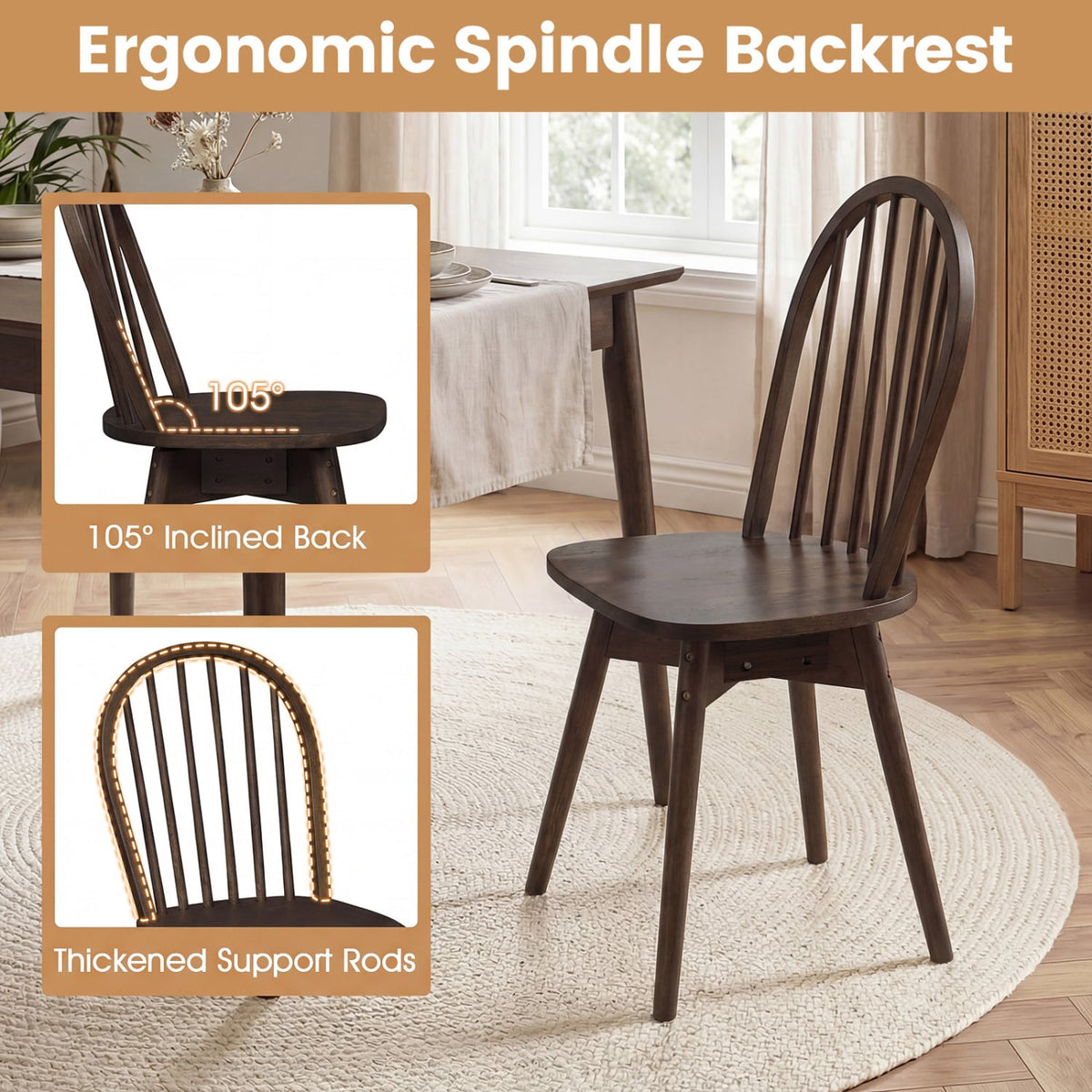 Swivel Windsor Dining Chairs Set of 2 with Solid Rubber Wood Frame-Walnut-Dining Chairs-DECOROLALA
