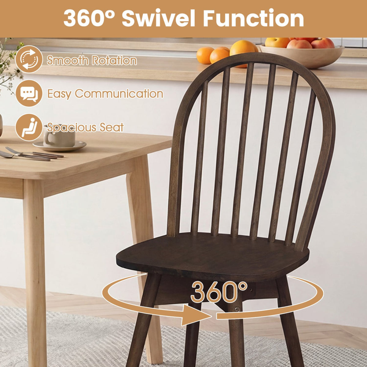 Swivel Windsor Dining Chairs Set of 2 with Solid Rubber Wood Frame-Walnut-Dining Chairs-DECOROLALA