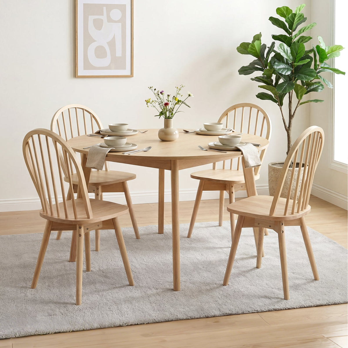 Swivel Windsor Dining Chairs Set of 4 with Solid Rubber Wood Frame-Natural-Dining Chairs-DECOROLALA