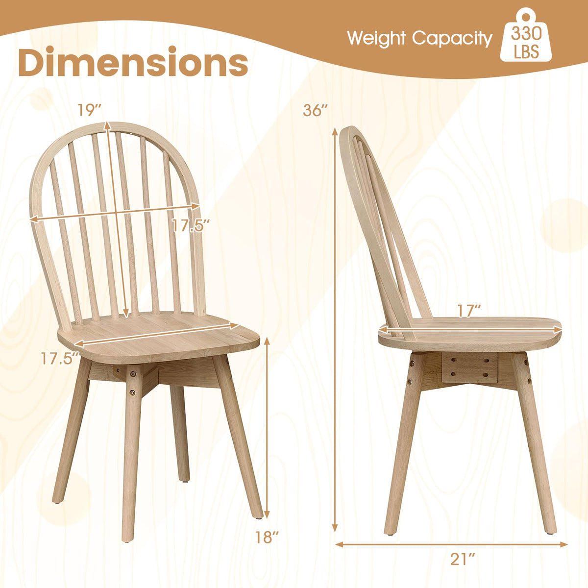 Swivel Windsor Dining Chairs Set of 4 with Solid Rubber Wood Frame-Natural-Dining Chairs-DECOROLALA