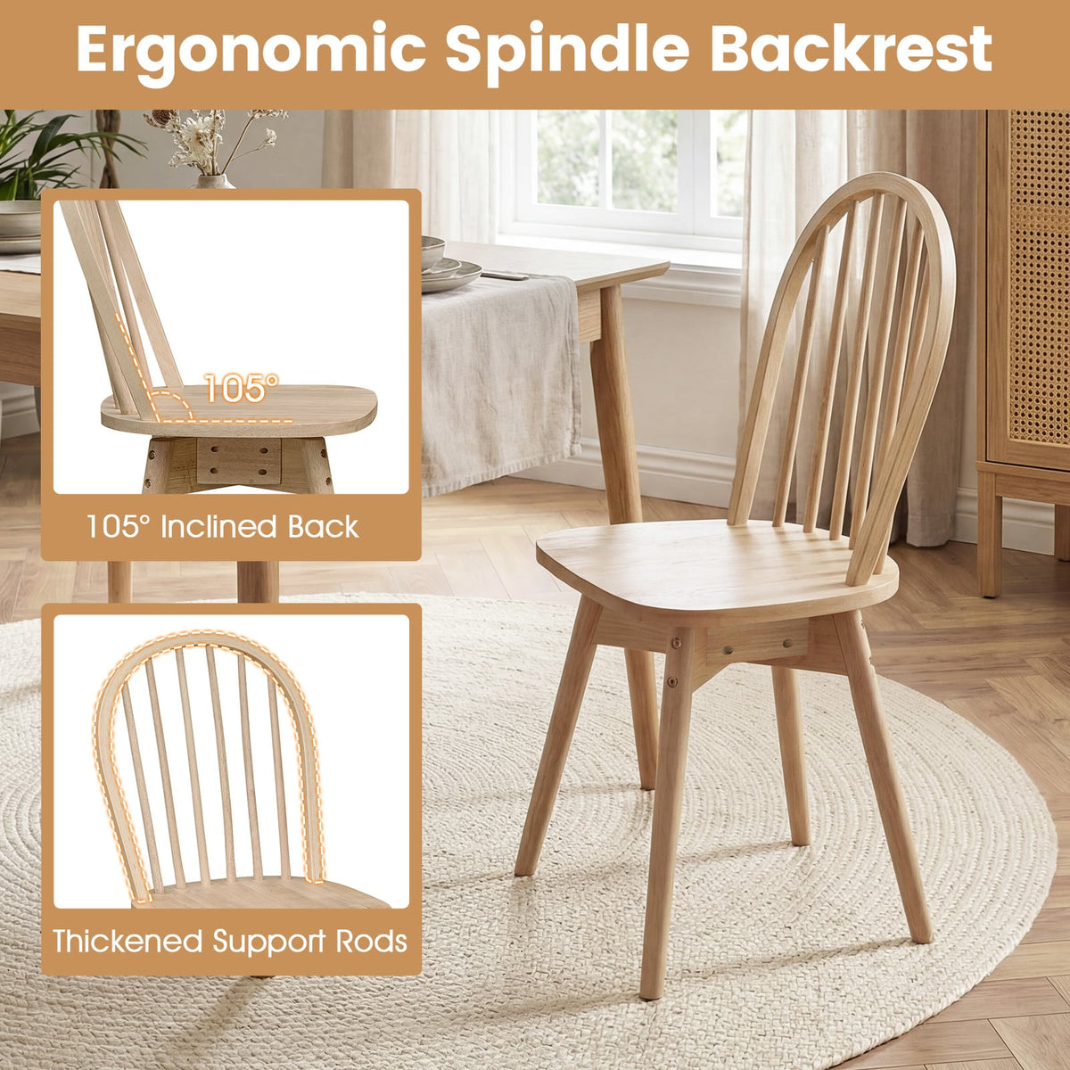Swivel Windsor Dining Chairs Set of 4 with Solid Rubber Wood Frame-Natural-Dining Chairs-DECOROLALA