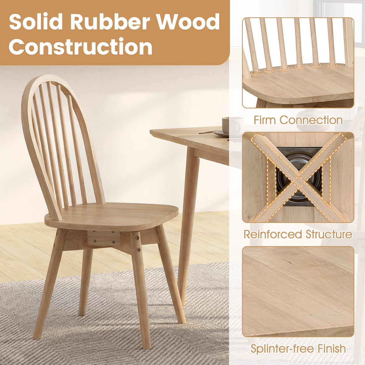 Swivel Windsor Dining Chairs Set of 4 with Solid Rubber Wood Frame-Natural-Dining Chairs-DECOROLALA