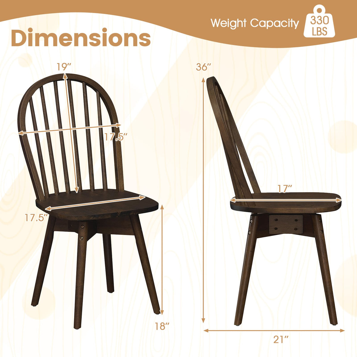 Swivel Windsor Dining Chairs Set of 4 with Solid Rubber Wood Frame-Walnut-Dining Chairs-DECOROLALA