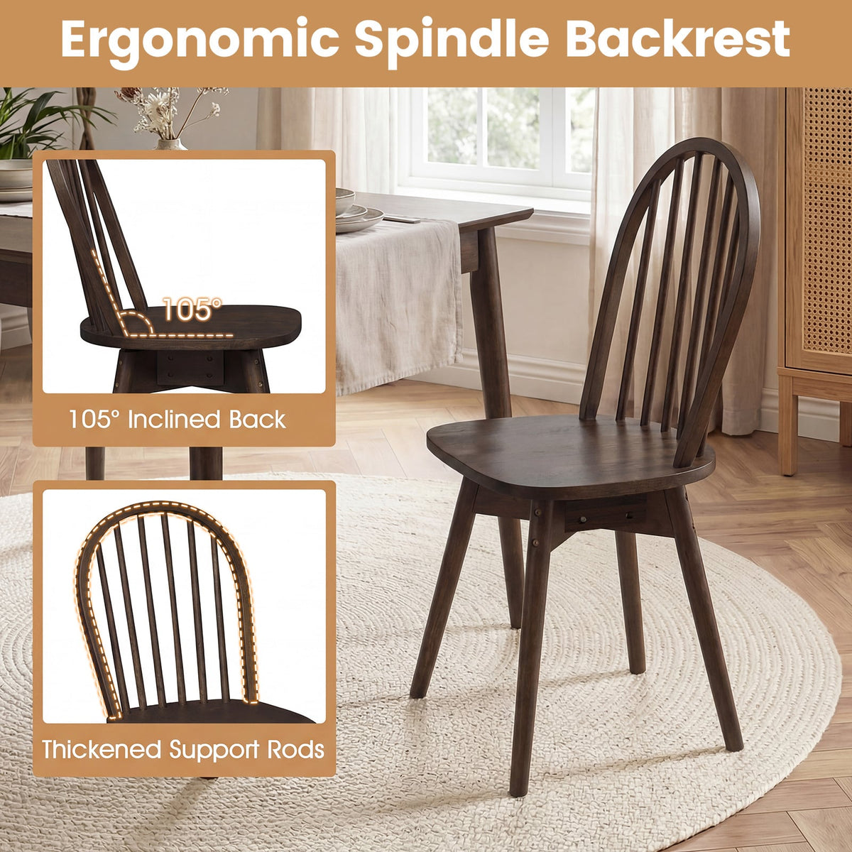 Swivel Windsor Dining Chairs Set of 4 with Solid Rubber Wood Frame-Walnut-Dining Chairs-DECOROLALA