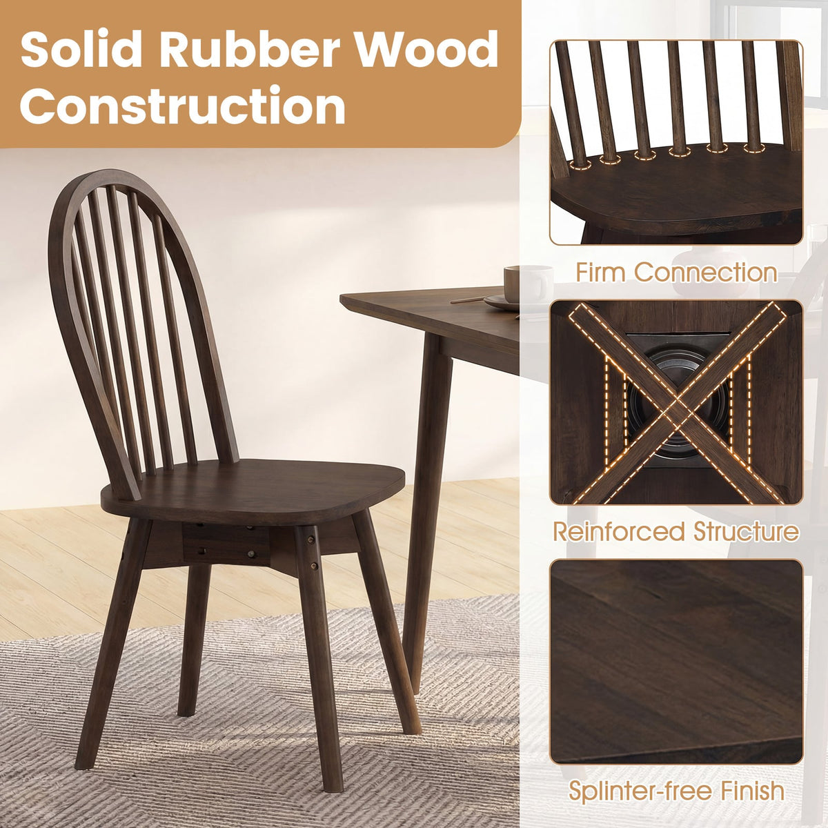 Swivel Windsor Dining Chairs Set of 4 with Solid Rubber Wood Frame-Walnut-Dining Chairs-DECOROLALA