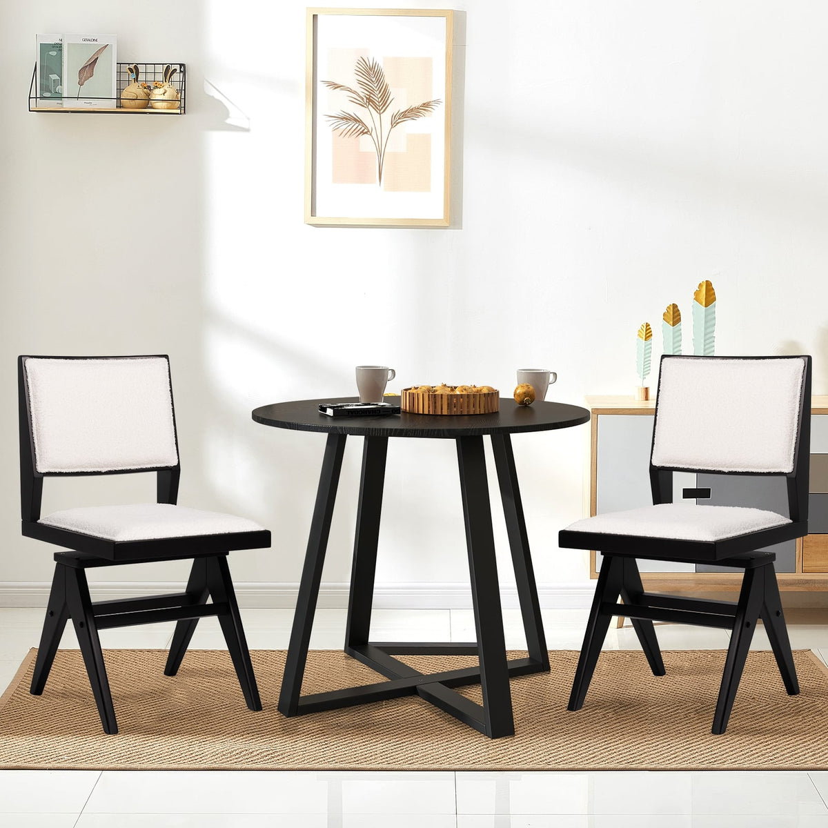 Swivel Wooden Dining Chair Set of 2 with Rubber Wood Frame and Padded Seat-Black-Dining Chairs-DECOROLALA