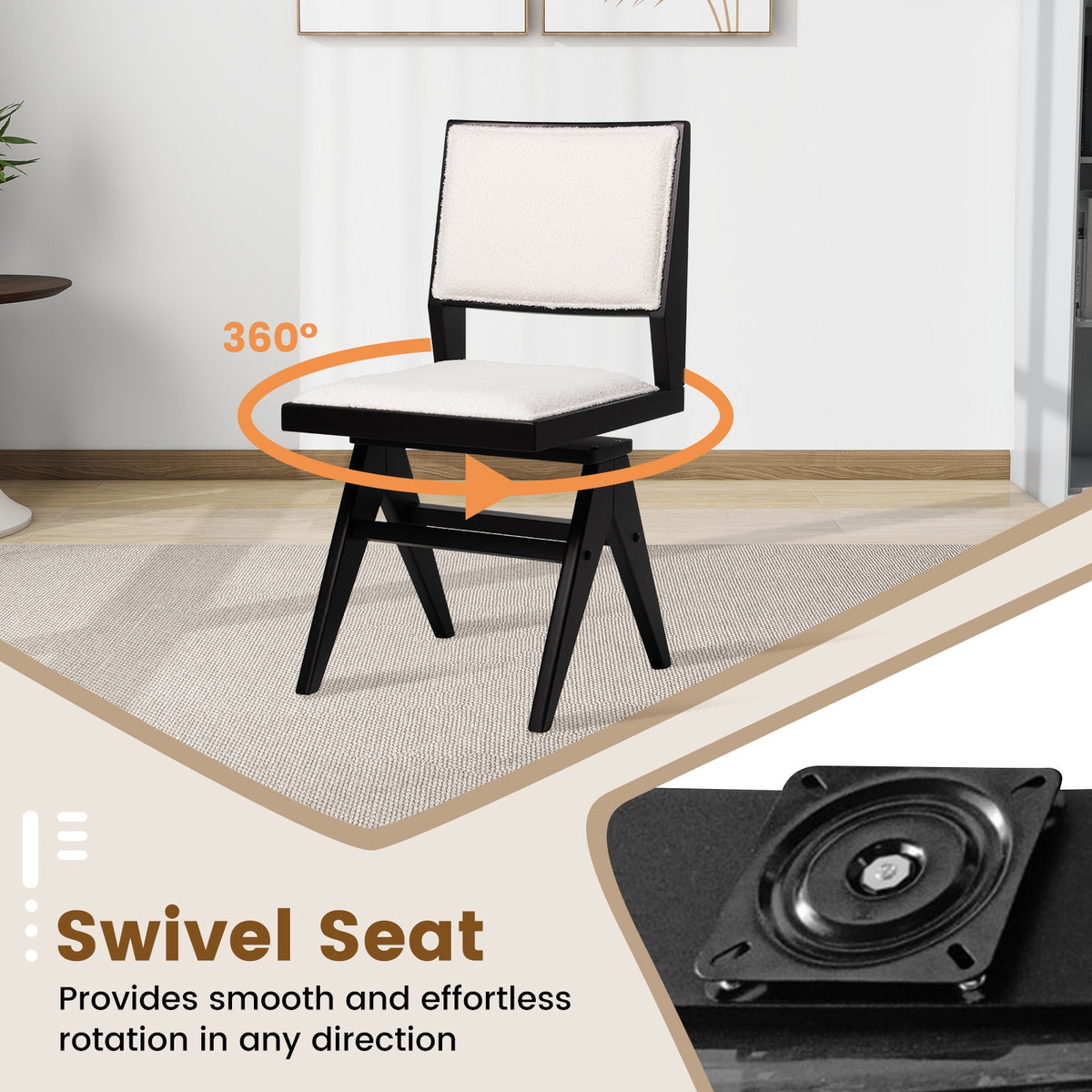 Swivel Wooden Dining Chair Set of 2 with Rubber Wood Frame and Padded Seat-Black-Dining Chairs-DECOROLALA