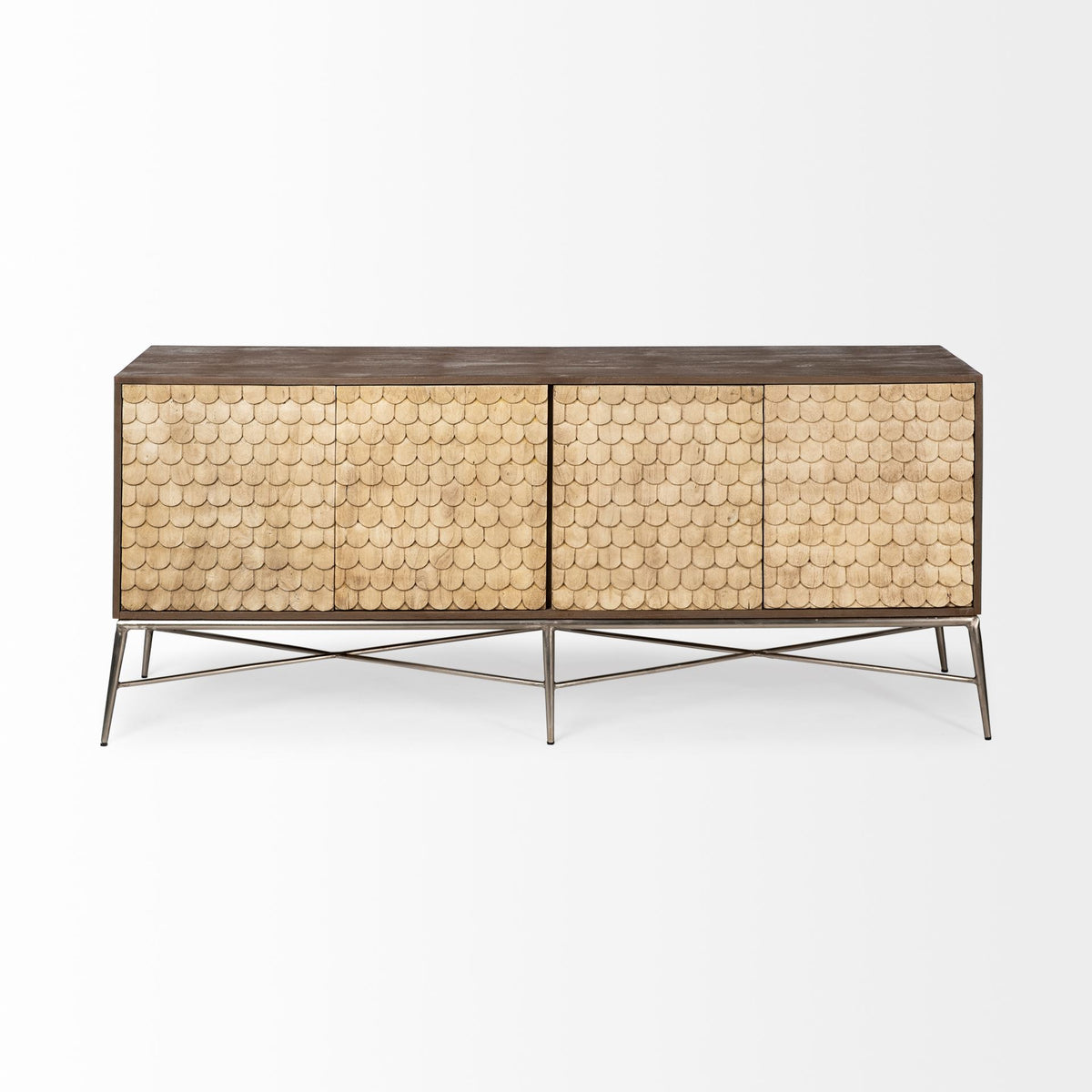 Swordfish 72L x 19W x 30.25H Two-Tone Brown Wood Cabinet Silver Metal Base 4 Cabinet Door Sideboard-Sideboards & Buffets-DECOROLALA