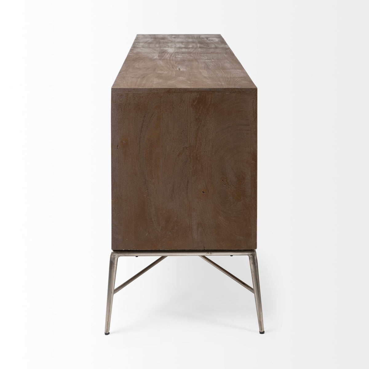 Swordfish 72L x 19W x 30.25H Two-Tone Brown Wood Cabinet Silver Metal Base 4 Cabinet Door Sideboard-Sideboards & Buffets-DECOROLALA