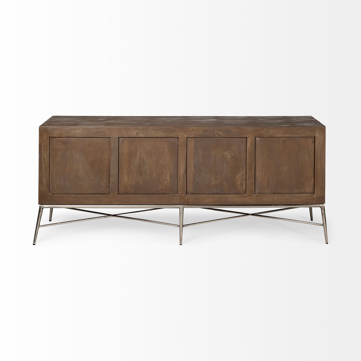 Swordfish 72L x 19W x 30.25H Two-Tone Brown Wood Cabinet Silver Metal Base 4 Cabinet Door Sideboard-Sideboards & Buffets-DECOROLALA